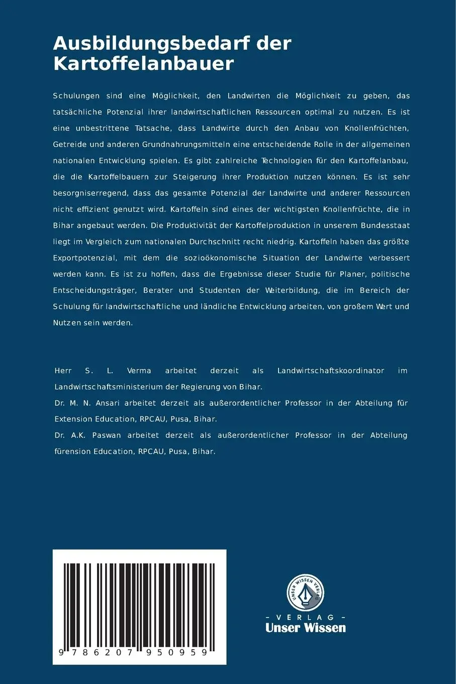 Rückseite: 9786207950959 | Ausbildungsbedarf der Kartoffelanbauer | S. L. Verma (u. a.) | Buch