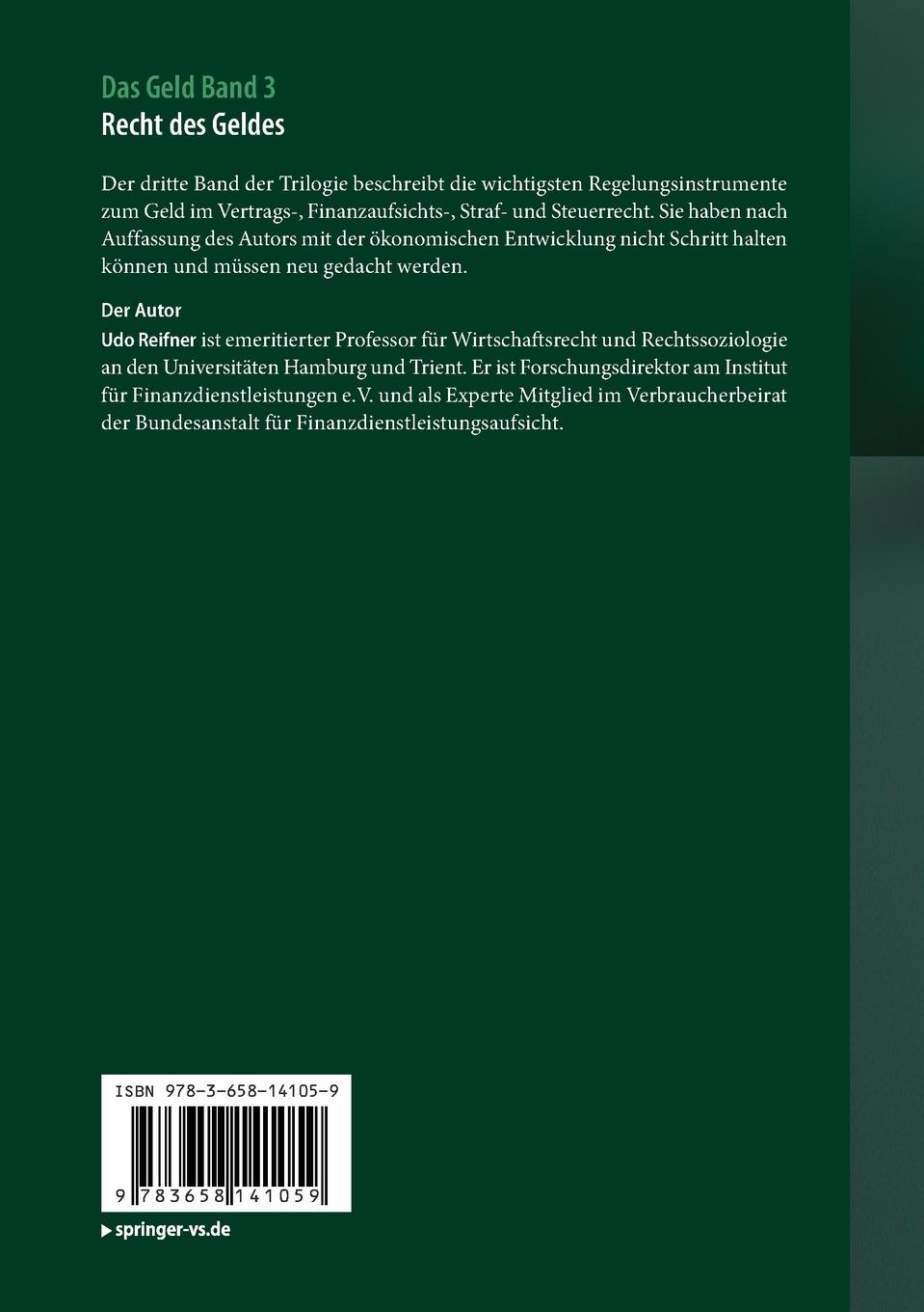 Rückseite: 9783658141059 | Das Geld | Band 3 Recht des Geldes - Regulierung und Gerechtigkeit | x