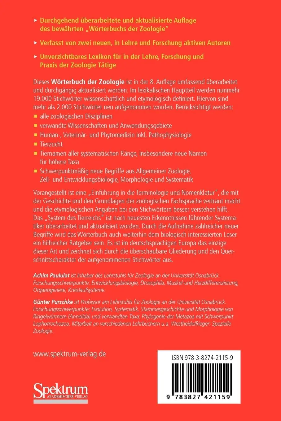 Rückseite: 9783827421159 | Wörterbuch der Zoologie | Günter Purschke (u. a.) | Taschenbuch | xii