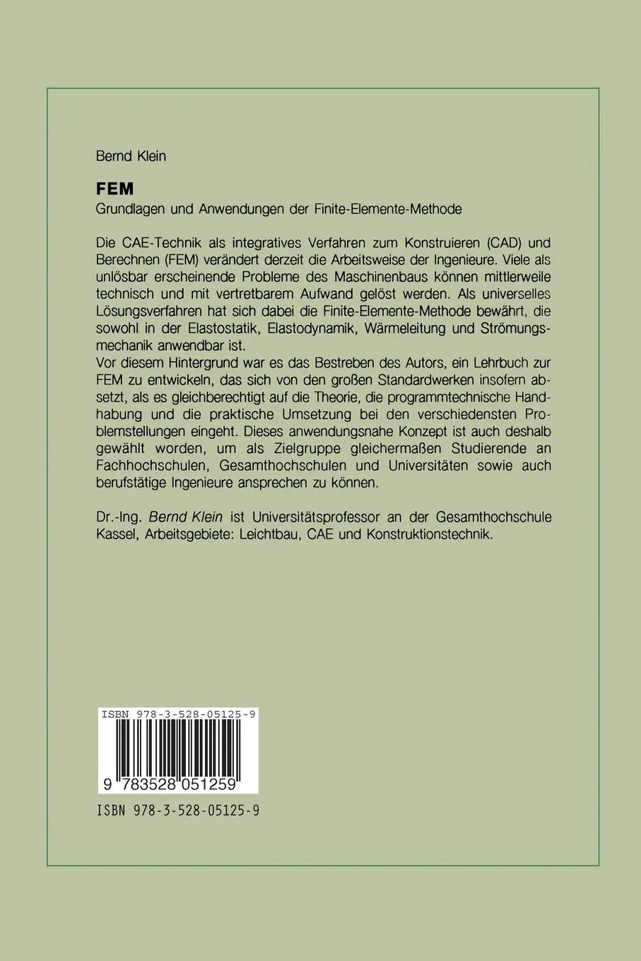 Rückseite: 9783528051259 | FEM | Grundlagen und Anwendungen der Finite-Elemente-Methode | Klein
