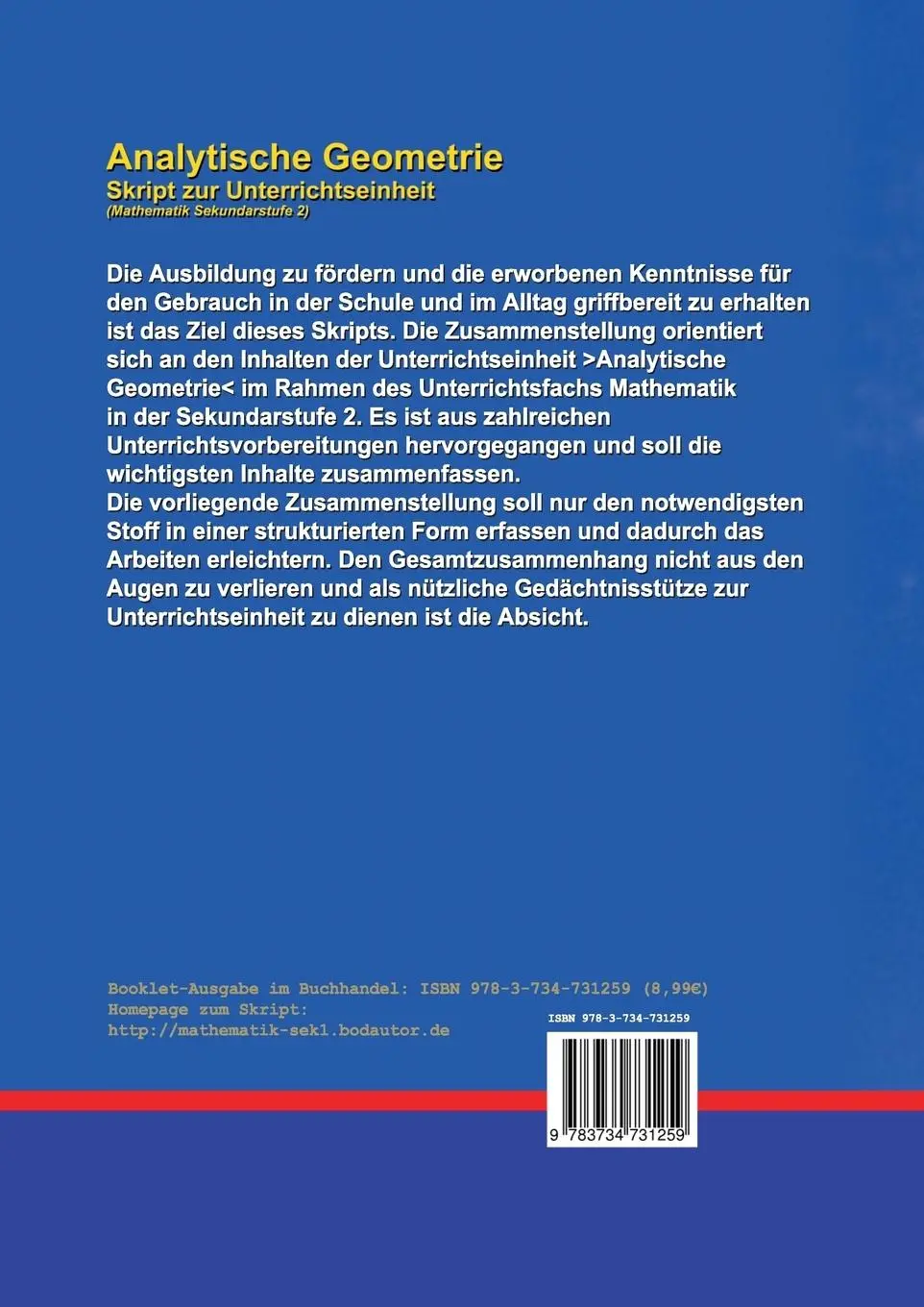 Rückseite: 9783734731259 | Analytische Geometrie | A. Rueff | Taschenbuch | 60 S. | Deutsch