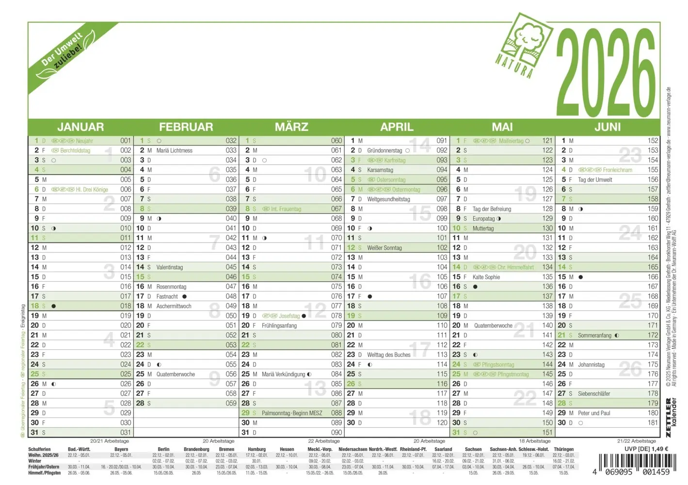 Cover: 4069095001459 | Zettler Arbeitstagekalender A5 Blauer Engel 2026 - Bürokalender 21...