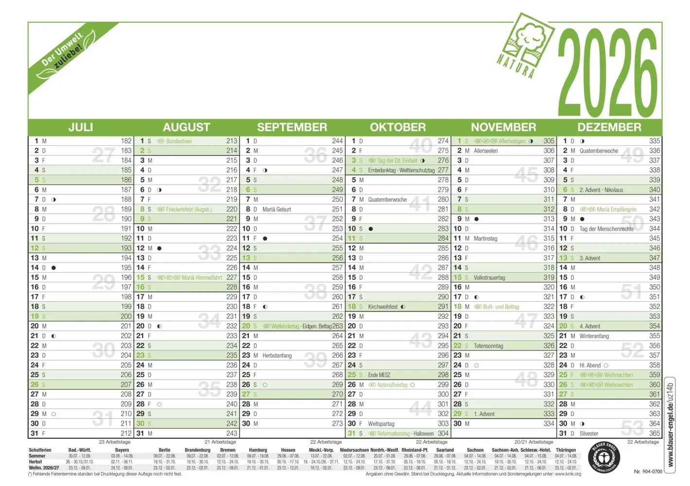 Bild: 4069095001459 | Zettler Arbeitstagekalender A5 Blauer Engel 2026 - Bürokalender 21...