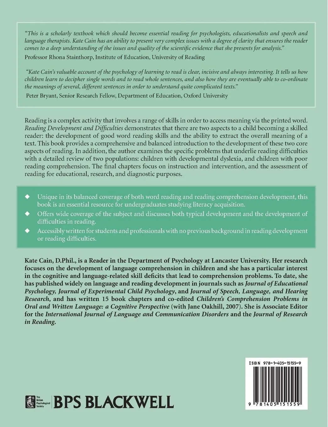 Rückseite: 9781405151559 | Reading Development and Difficulties | Kate Cain | Taschenbuch | 2010