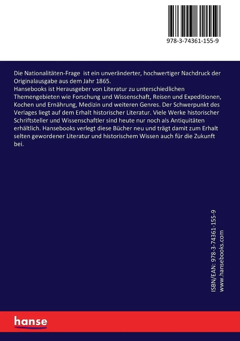 Rückseite: 9783743611559 | Die Nationalitäten-Frage | Josef Freiherrn von Eötvös | Taschenbuch