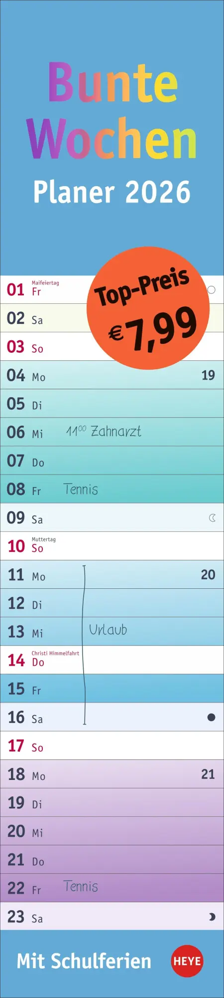 Cover: 9783756411559 | Bunte Wochen Langplaner 2026 | Heye | Kalender | Bürokalender Heye