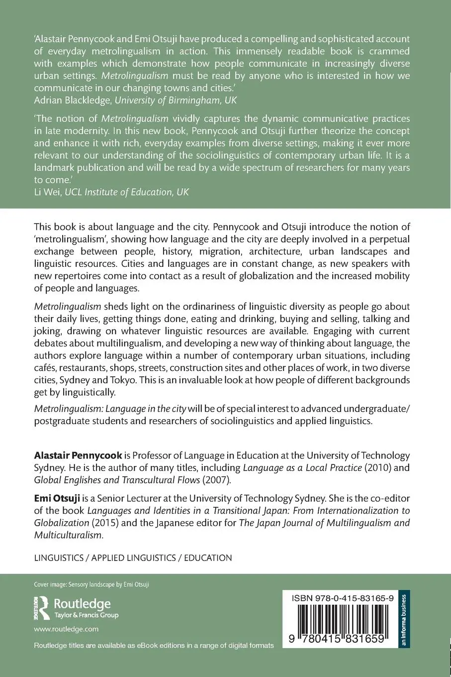 Rückseite: 9780415831659 | Metrolingualism | Language in the City | Alastair Pennycook (u. a.)