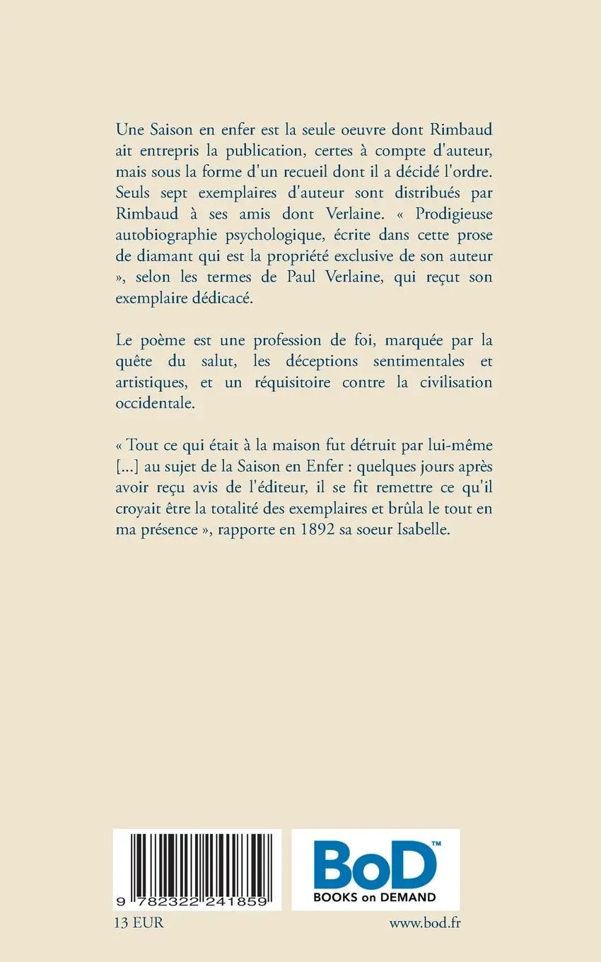 Rückseite: 9782322241859 | Une saison en enfer | Un recueil de poèmes en prose d'Arthur Rimbaud