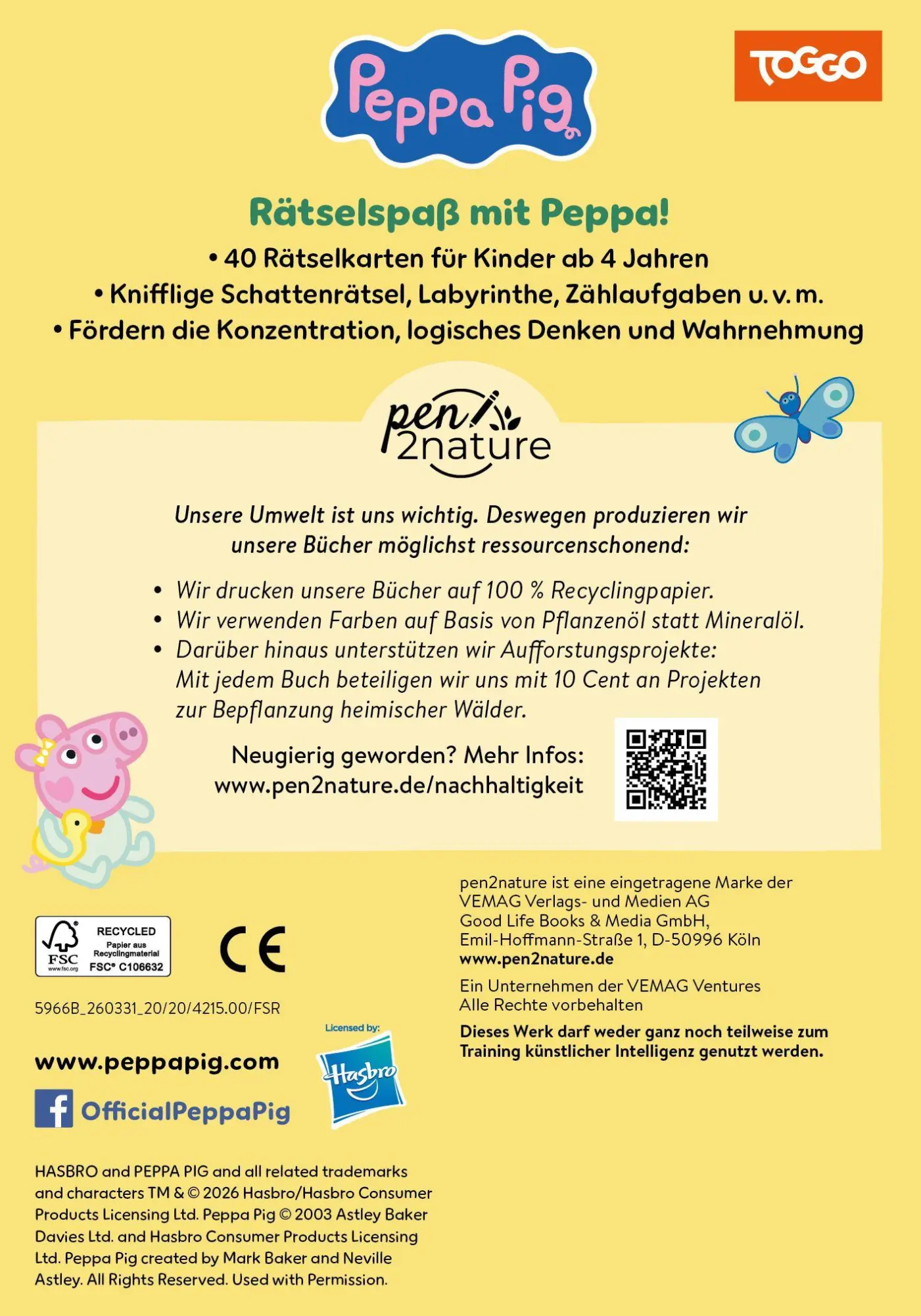 Rückseite: 9783987642159 | Peppa Pig Rätselkarten: Labyrinthe, Fehlersuche, Zählen u. v. m.