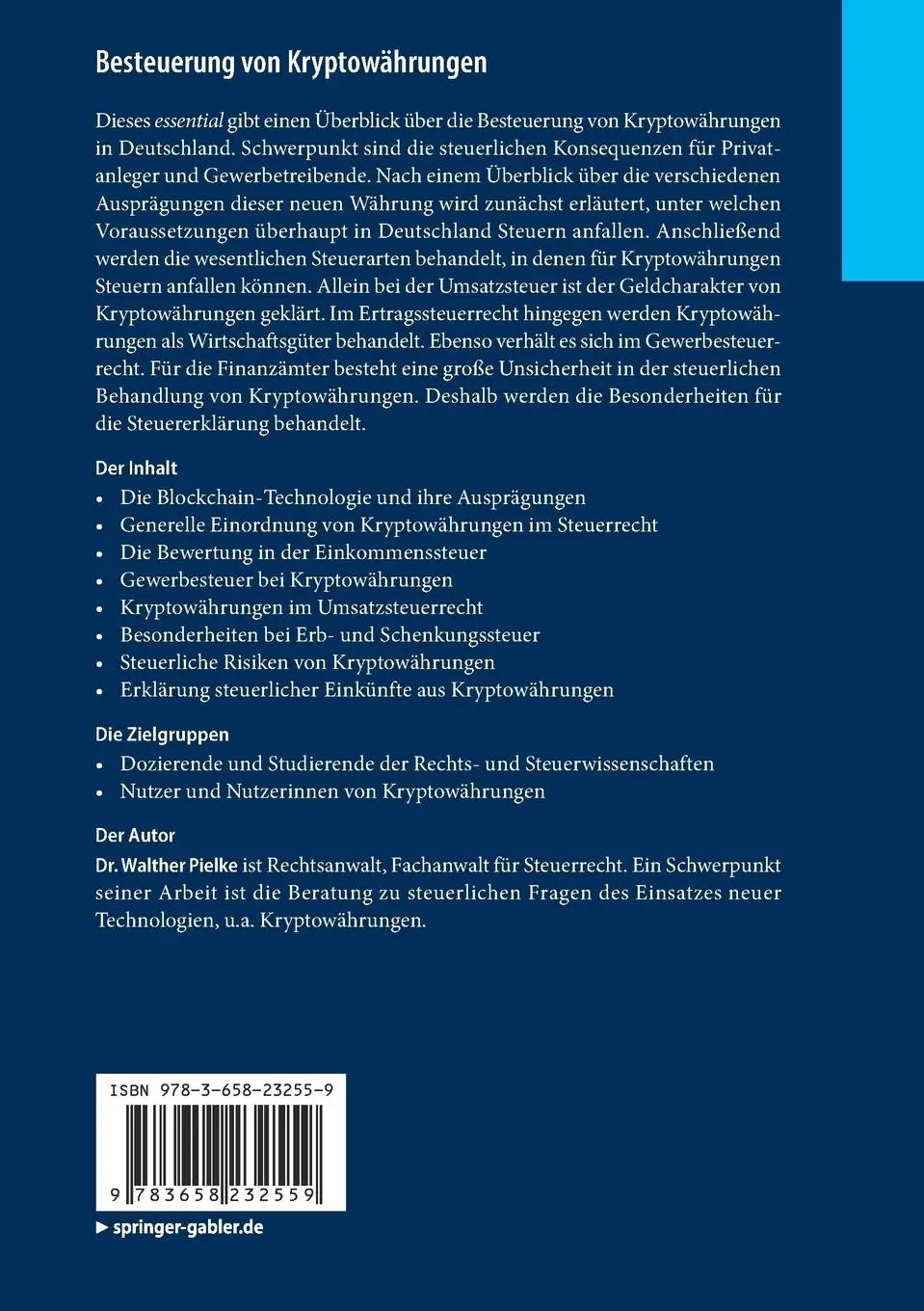 Rückseite: 9783658232559 | Besteuerung von Kryptowährungen | Walther Pielke | Taschenbuch | viii