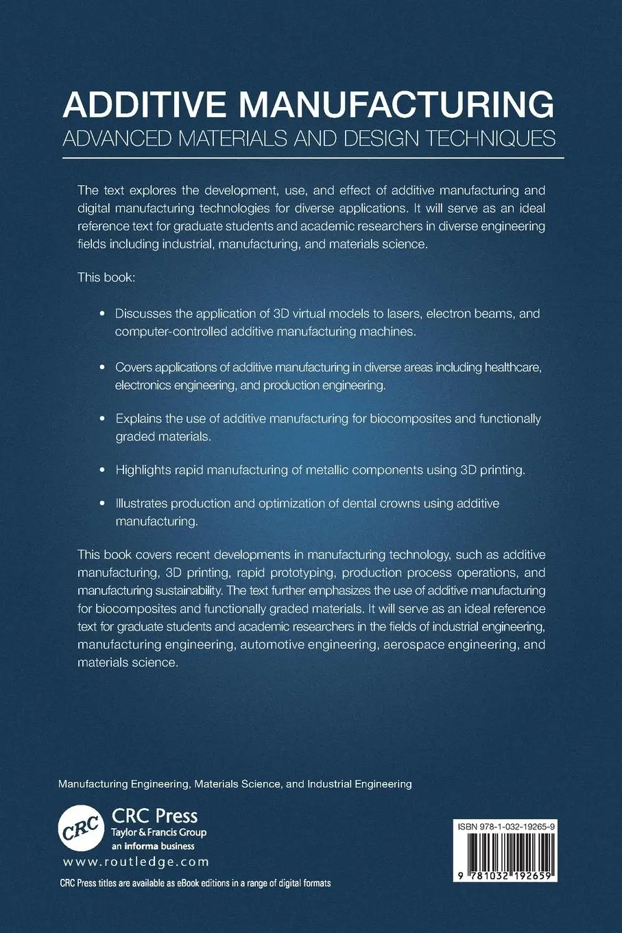 Rückseite: 9781032192659 | Additive Manufacturing | Advanced Materials and Design Techniques