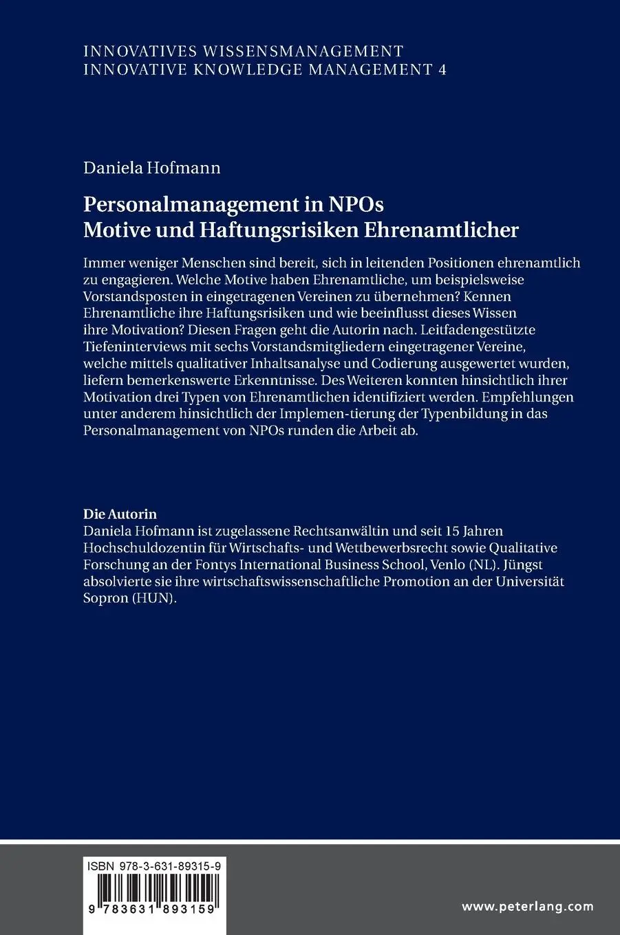 Rückseite: 9783631893159 | Personalmanagement in NPOs Motive und Haftungsrisiken...