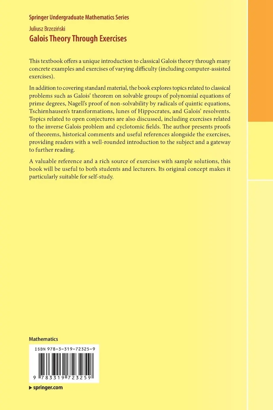 Rückseite: 9783319723259 | Galois Theory Through Exercises | Juliusz Brzezi¿ski | Taschenbuch Rückseite: 9783319723259 | Galois Theory Through Exercises | Juliusz Brzezi¿ski | Taschenbuch