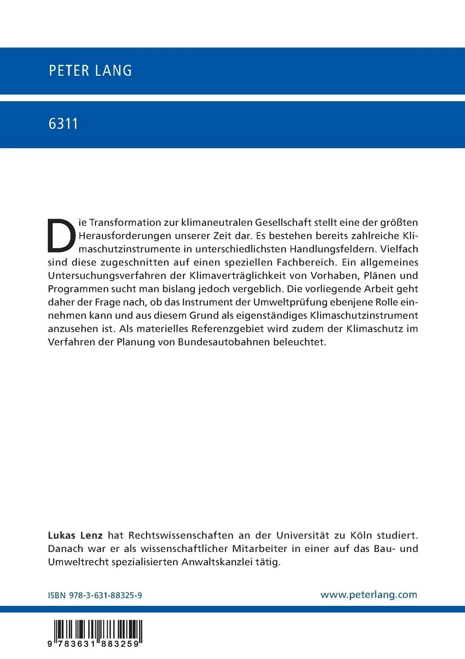 Rückseite: 9783631883259 | Klimaschutz im Verwaltungsverfahren | Lukas Lenz | Taschenbuch | 2022