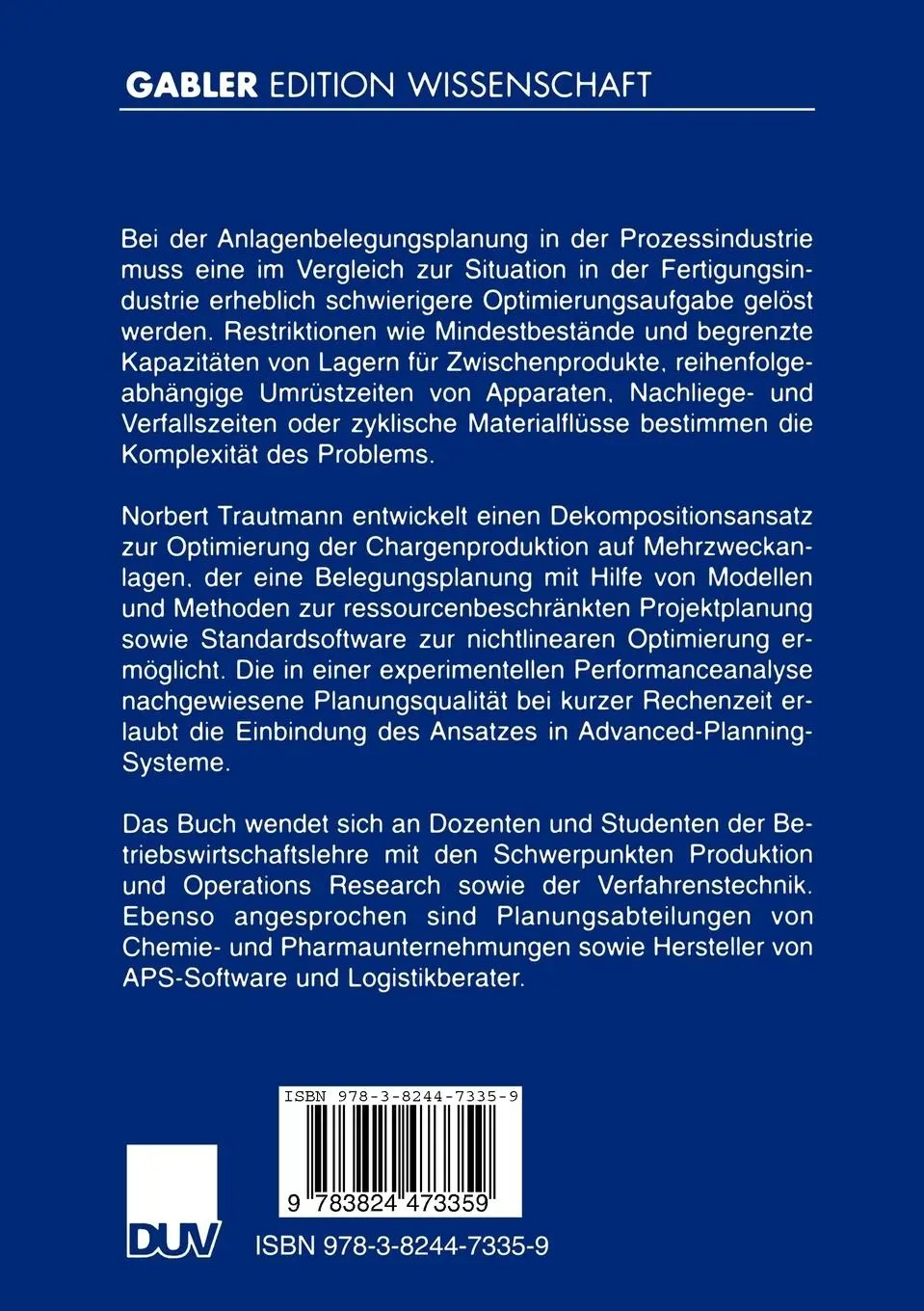 Rückseite: 9783824473359 | Anlagenbelegungsplanung in der Prozessindustrie | Norbert Trautmann
