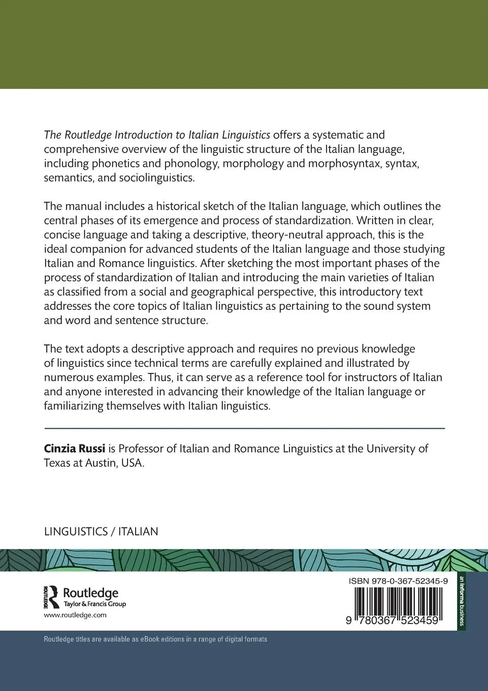 Rückseite: 9780367523459 | The Routledge Introduction to Italian Linguistics | Cinzia Russi