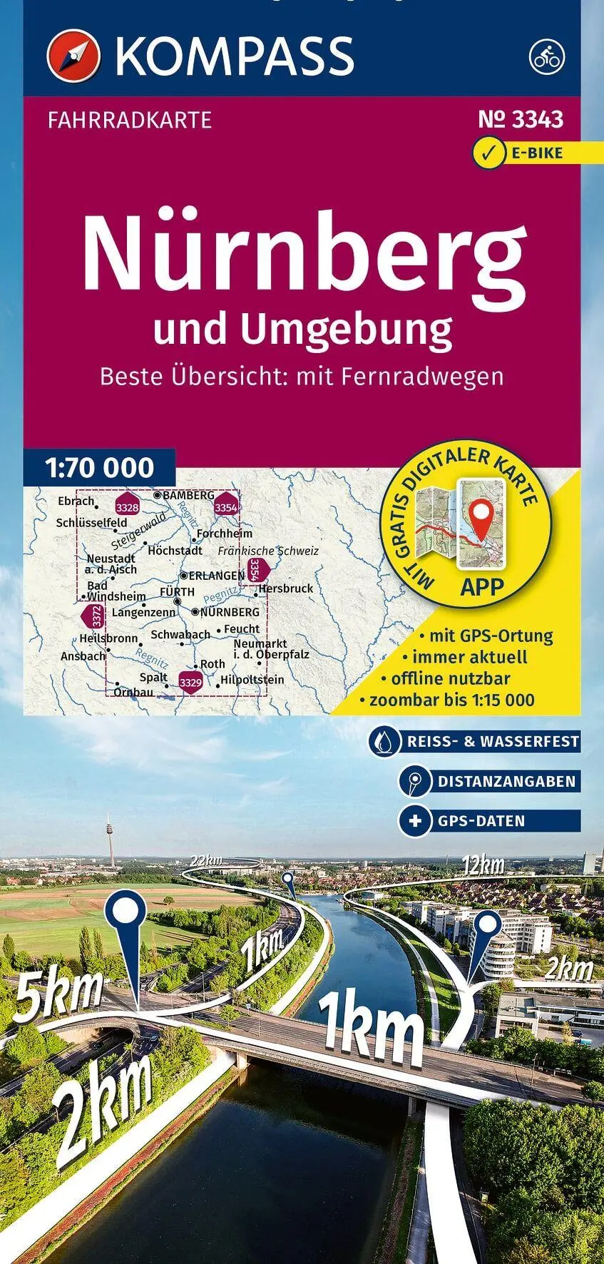 Cover: 9783991543459 | KOMPASS Fahrradkarte 3343 Nürnberg und Umgebung 1:70.000 | Deutsch