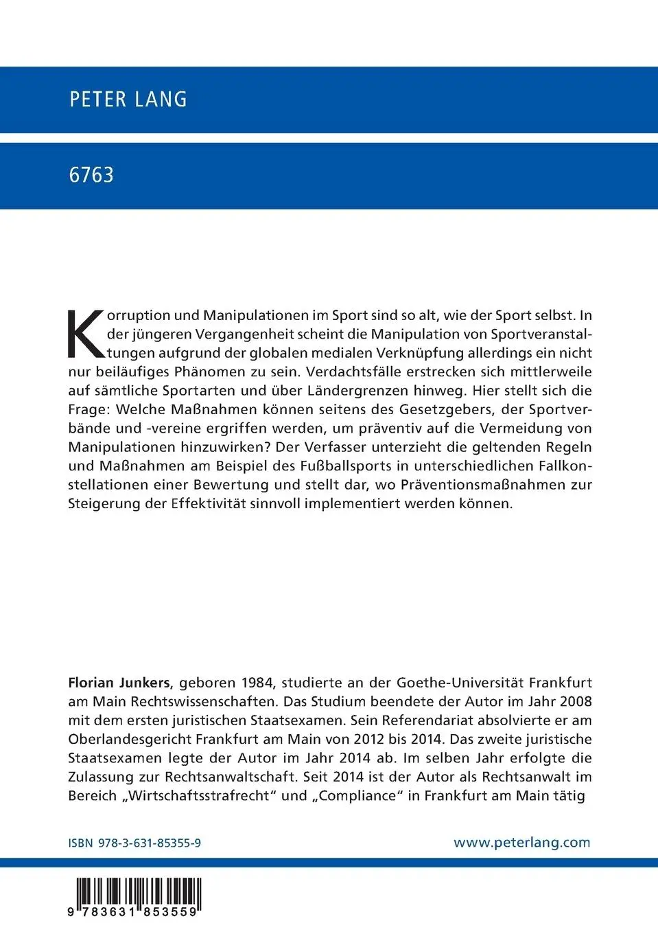 Rückseite: 9783631853559 | Wirtschaftskriminalität im organisierten Sport | Florian Junkers