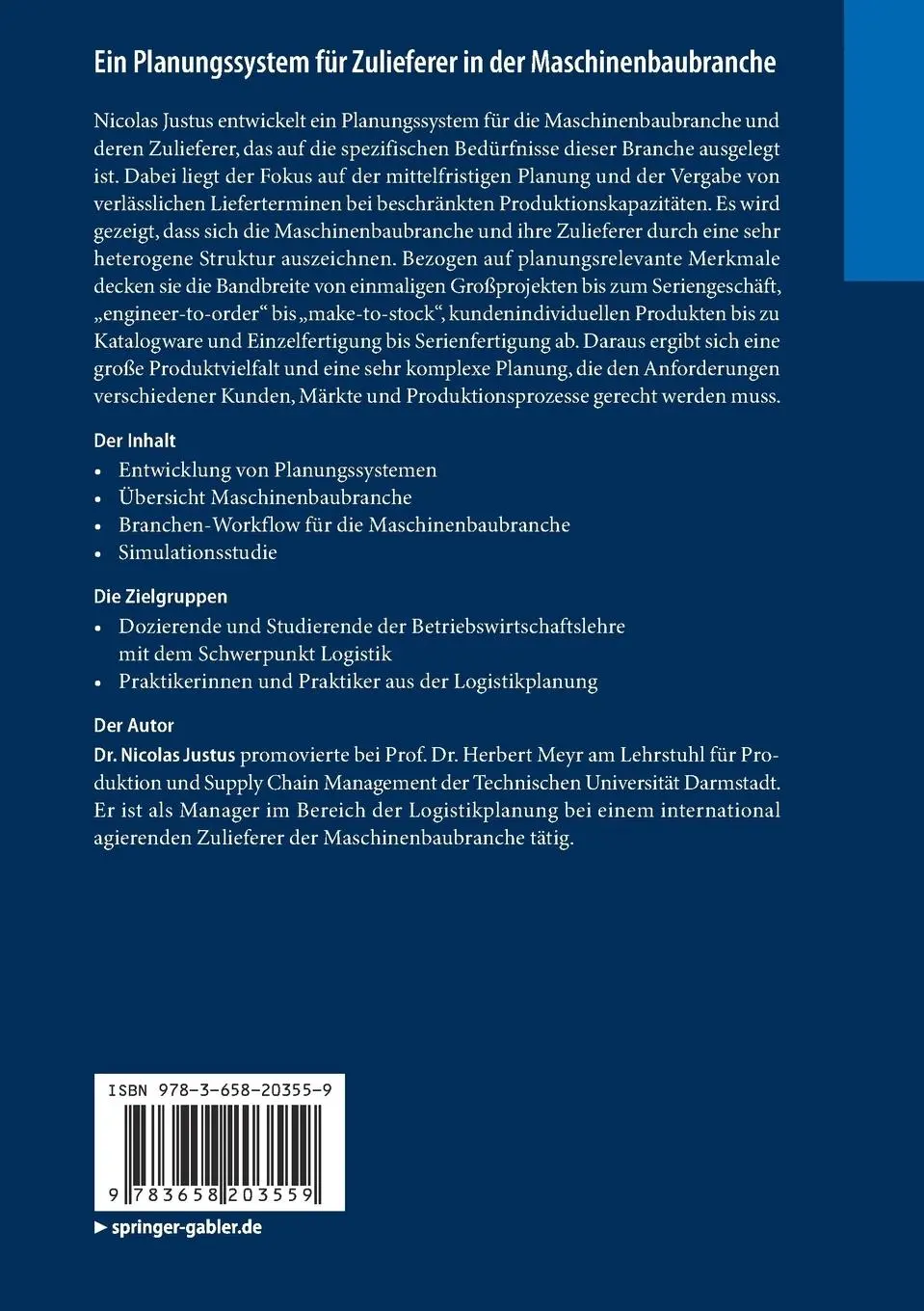Rückseite: 9783658203559 | Ein Planungssystem für Zulieferer in der Maschinenbaubranche | Justus