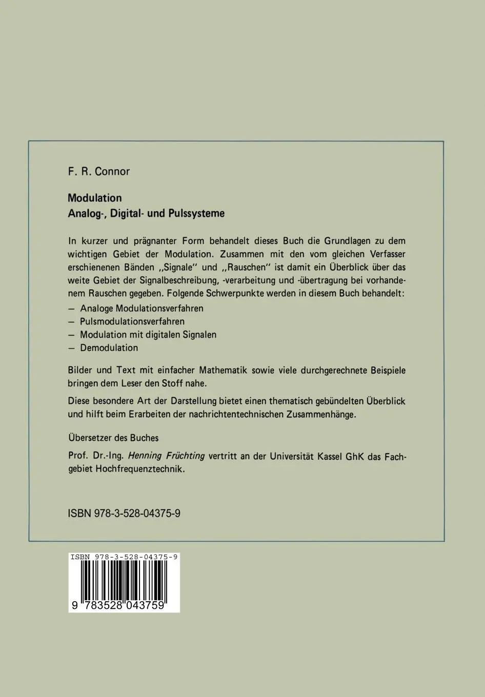Rückseite: 9783528043759 | Modulation | Analog-, Digital- und Pulssysteme | FrankR. Connor | Buch