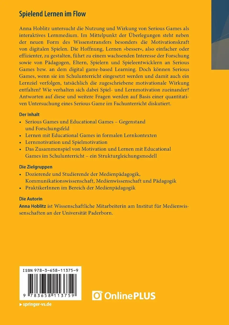 Rückseite: 9783658113759 | Spielend Lernen im Flow | Anna Hoblitz | Taschenbuch | viii | Deutsch
