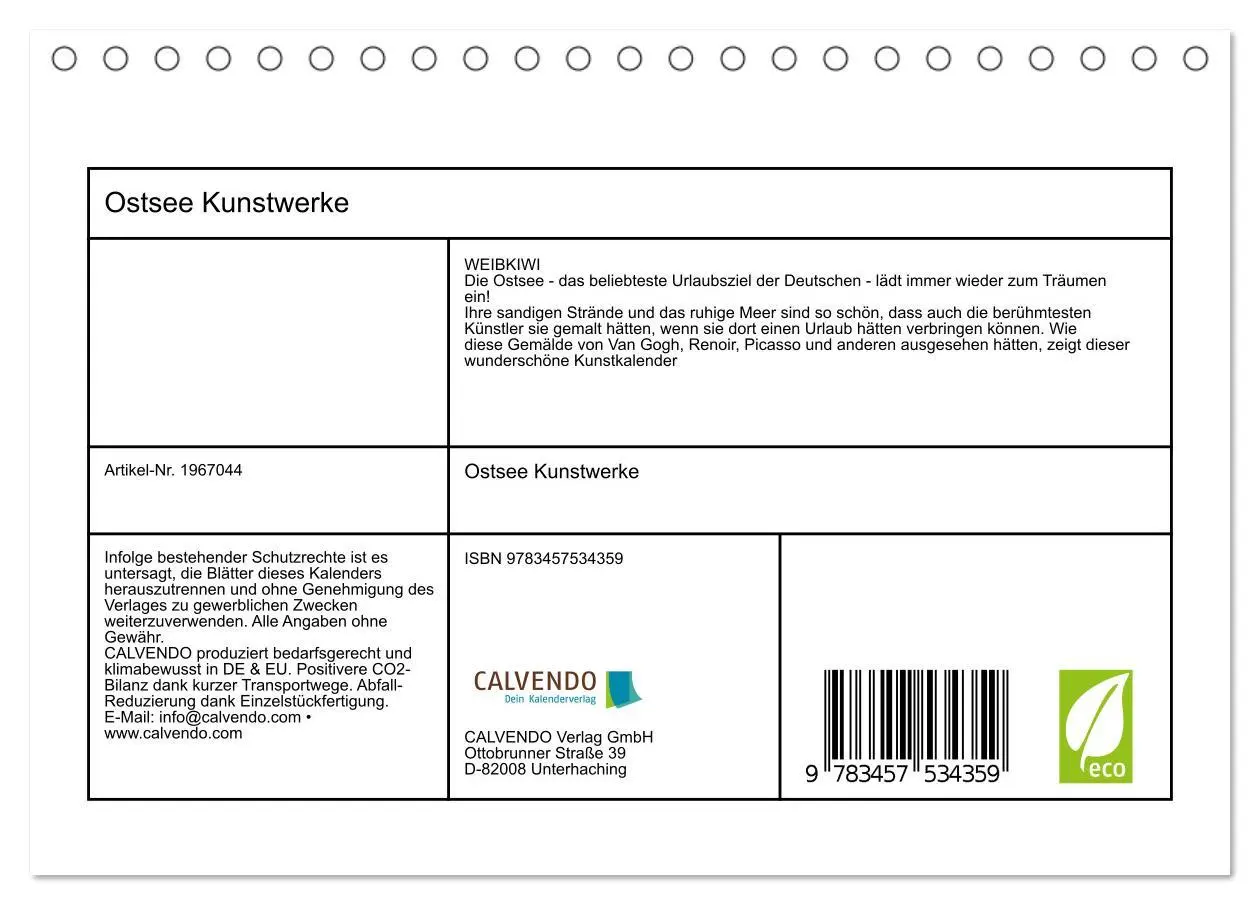 Bild: 9783457534359 | Ostsee Kunstwerke (Tischkalender 2026 DIN A5 quer), CALVENDO...