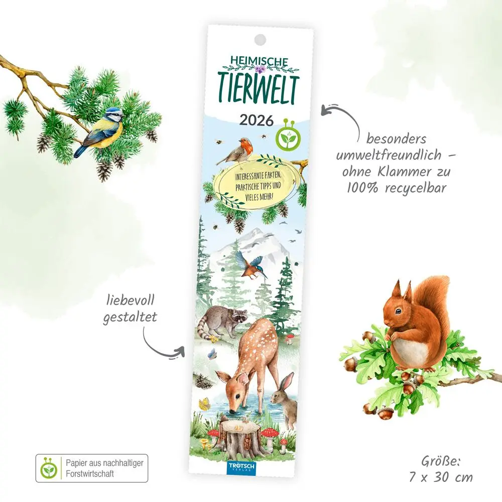 Bild: 9783988024459 | Trötsch Streifenkalender Mini Heimische Tierwelt 2026 | KG | Kalender