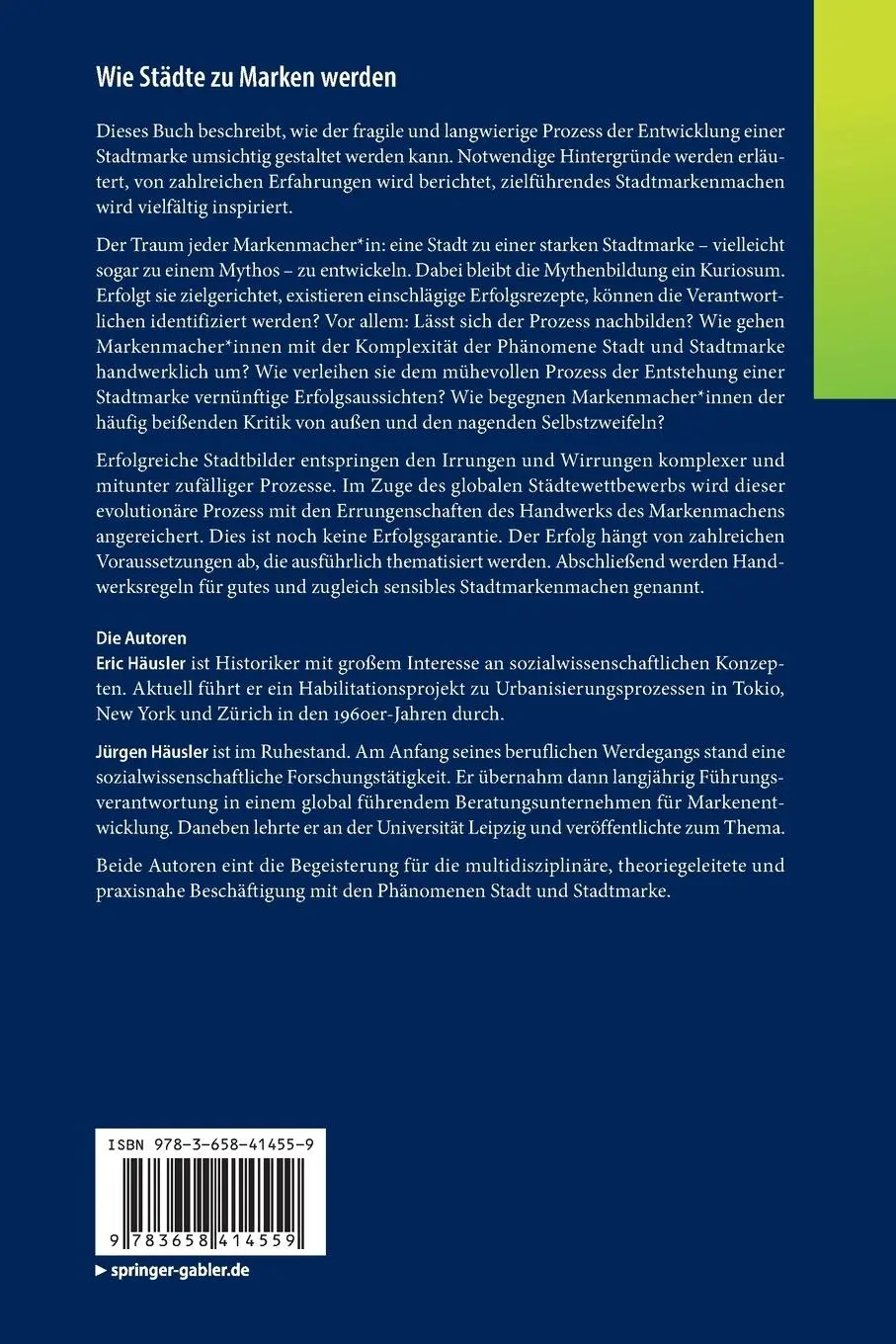 Rückseite: 9783658414559 | Wie Städte zu Marken werden | Jürgen Häusler (u. a.) | Taschenbuch