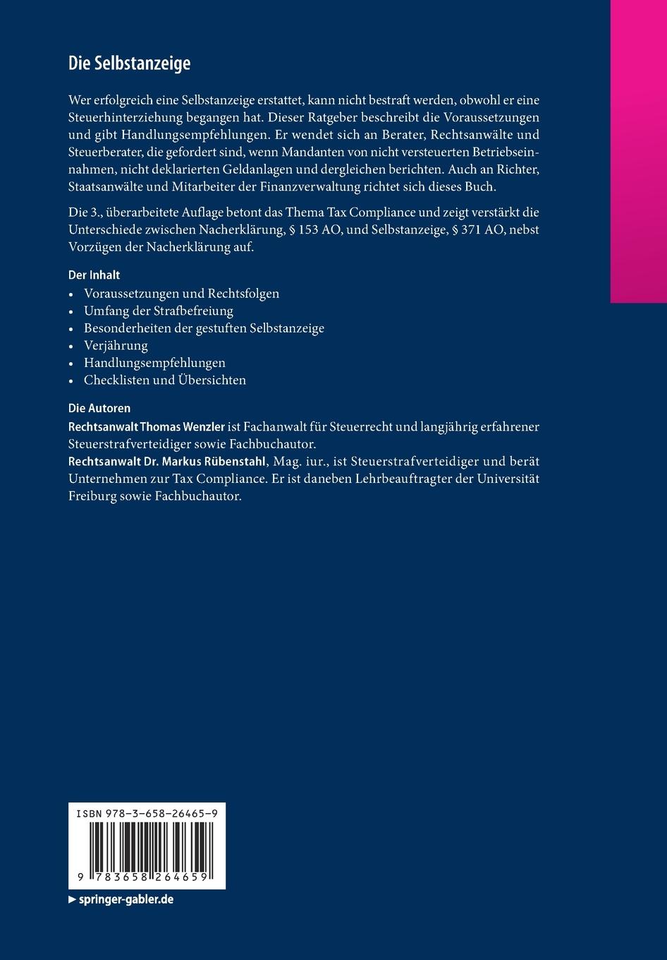 Rückseite: 9783658264659 | Die Selbstanzeige | Ratgeber Steuerstrafrecht | Rübenstahl (u. a.) | x