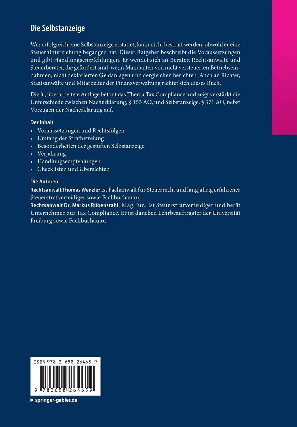 Rückseite: 9783658264659 | Die Selbstanzeige | Ratgeber Steuerstrafrecht | Rübenstahl (u. a.) | x