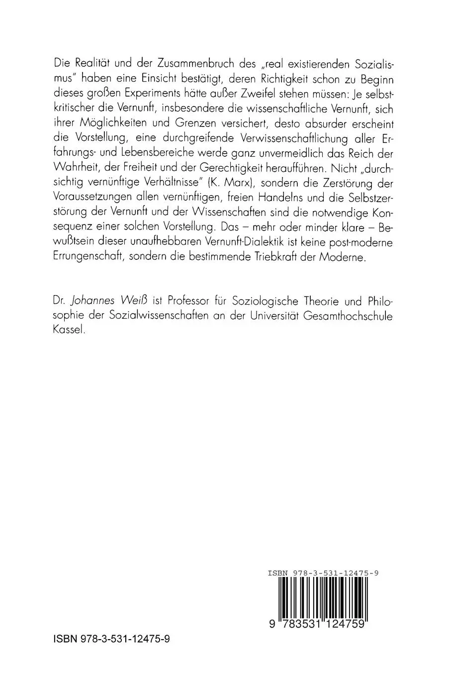 Rückseite: 9783531124759 | Vernunft und Vernichtung | Zur Philosophie und Soziologie der Moderne