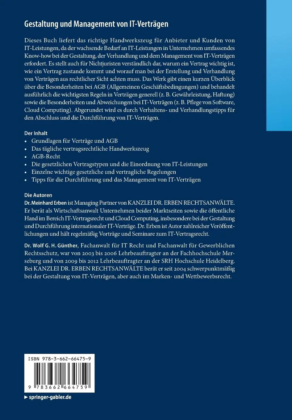 Rückseite: 9783662664759 | Gestaltung und Management von IT-Verträgen | Günther (u. a.) | Buch