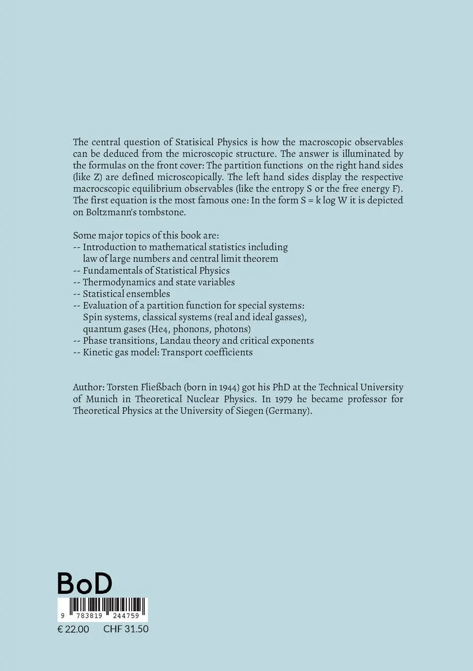 Rückseite: 9783819244759 | Statistical Physics | Torsten Fließbach | Taschenbuch | Englisch
