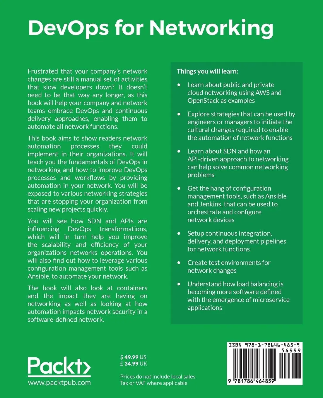 Rückseite: 9781786464859 | DevOps for Networking | Steven Armstrong | Taschenbuch | Englisch