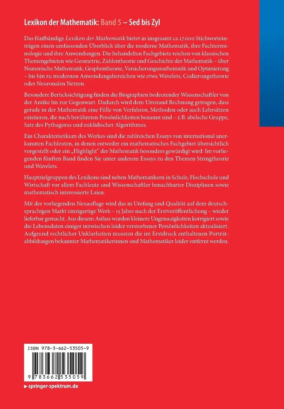 Rückseite: 9783662535059 | Lexikon der Mathematik: Band 5 | Sed bis Zyl | Guido Walz | Buch | vii