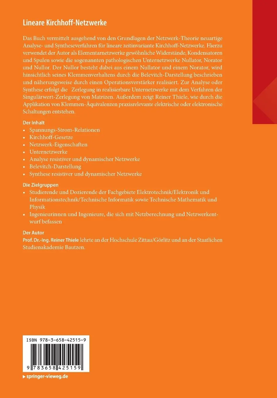 Rückseite: 9783658425159 | Lineare Kirchhoff-Netzwerke | Grundlagen, Analyse und Synthese | Buch