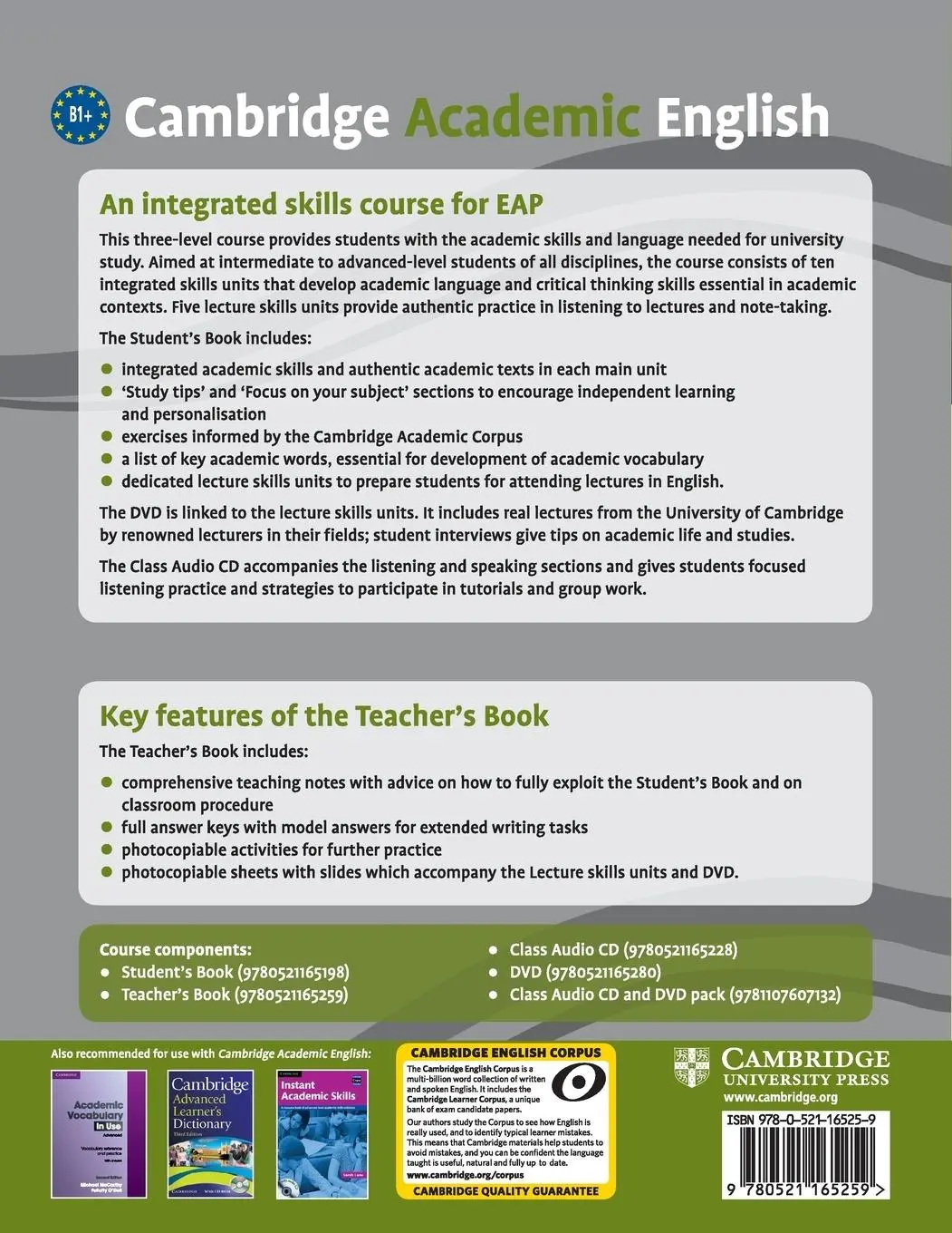 Rückseite: 9780521165259 | Cambridge Academic English B1+ Intermediate | Anthony Manning (u. a.)