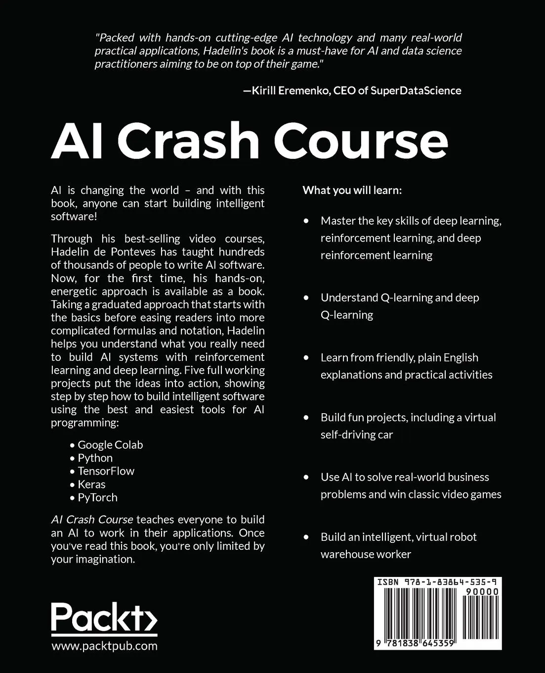 Rückseite: 9781838645359 | AI Crash Course | Hadelin de Ponteves | Taschenbuch | Englisch | 2019