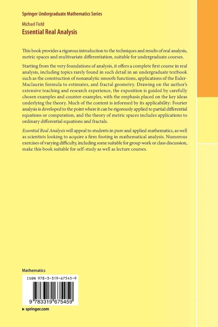 Rückseite: 9783319675459 | Essential Real Analysis | Michael Field | Taschenbuch | xvii | 2017