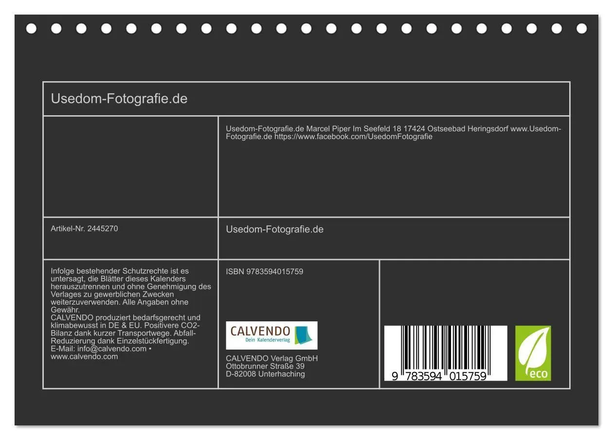 Bild: 9783594015759 | Usedom Fotografie (Tischkalender 2027 DIN A5 quer), CALVENDO...