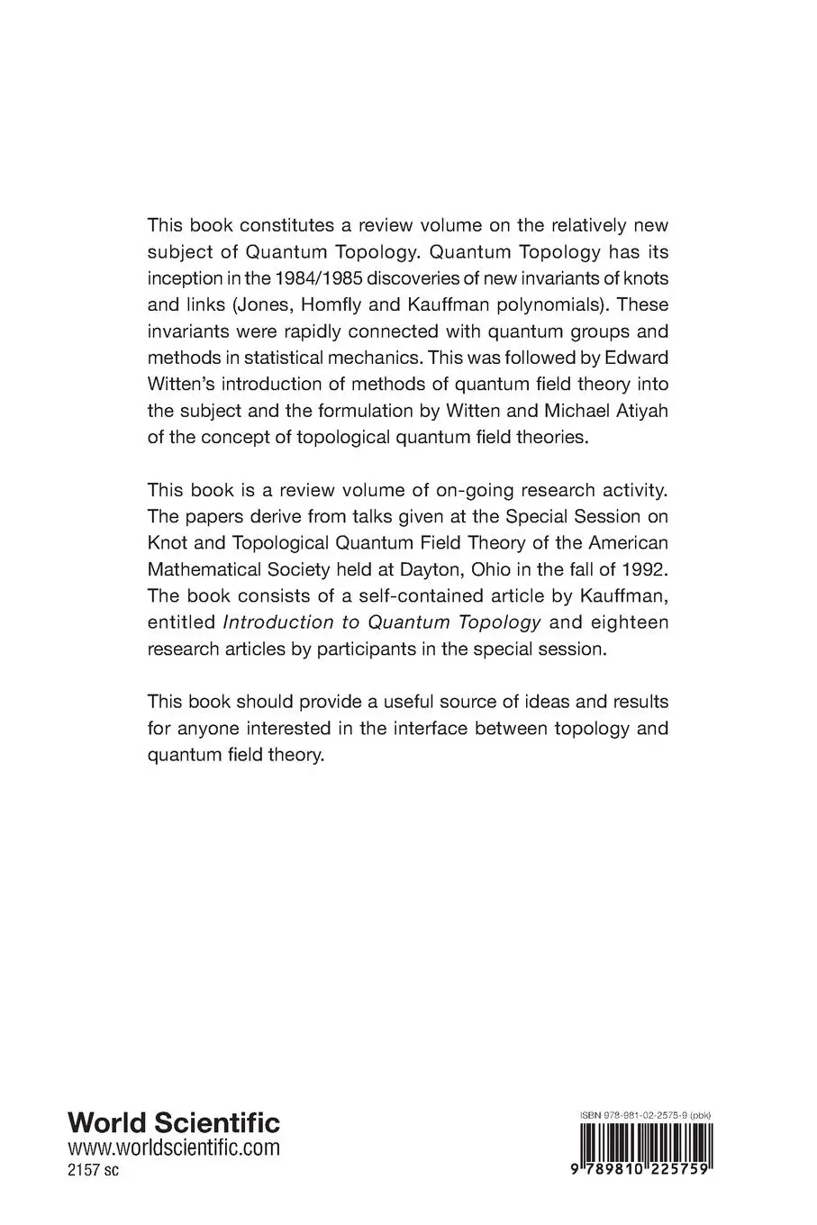 Rückseite: 9789810225759 | QUANTUM TOPOLOGY (V3) | Randy A Baadhio Louis Kauffman | Taschenbuch