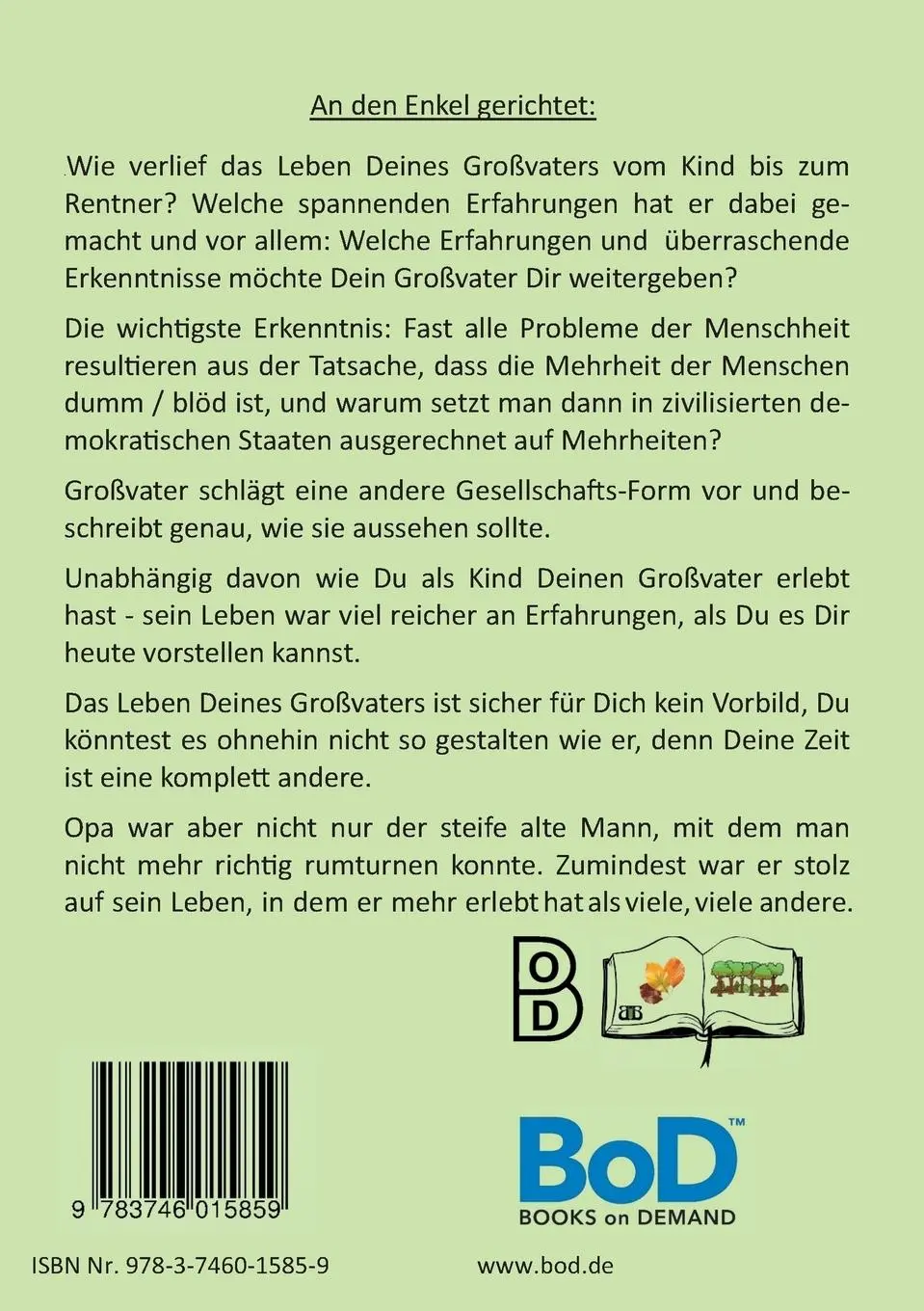 Rückseite: 9783746015859 | Großvaters Glaubensbekenntnis | Alle eine Waffel | Bodo Buchwald