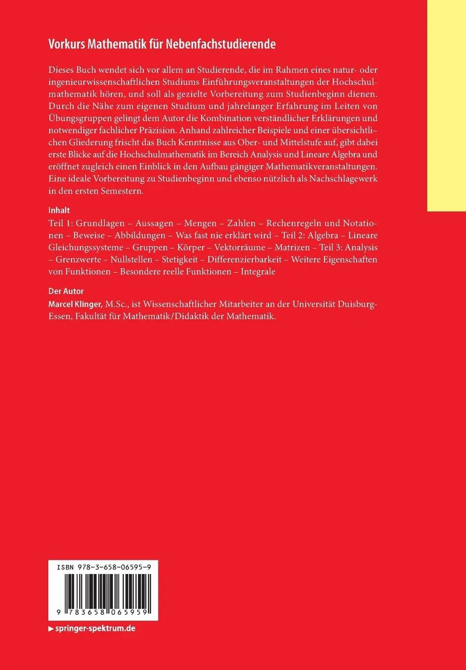 Rückseite: 9783658065959 | Vorkurs Mathematik für Nebenfachstudierende | Marcel Klinger | Buch