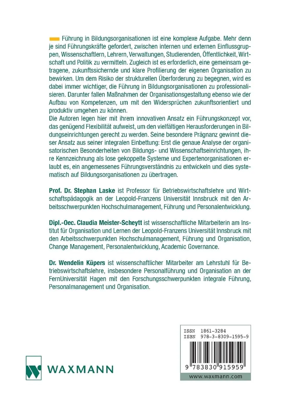 Rückseite: 9783830915959 | Organisation und Führung | Stephan Laske (u. a.) | Taschenbuch | 2017