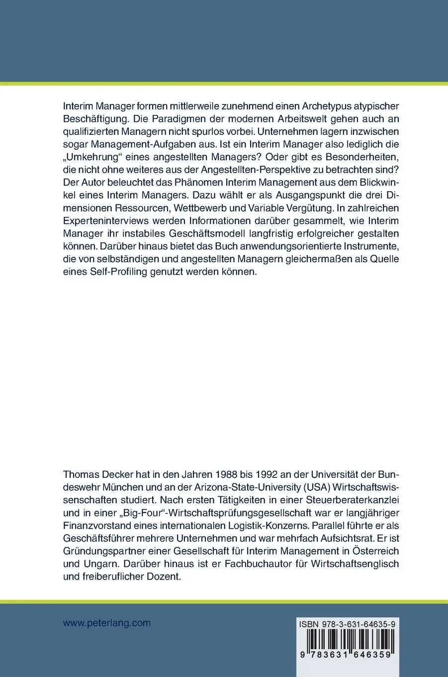Rückseite: 9783631646359 | Strategische Positionierung eines Interim Managers | Thomas Decker