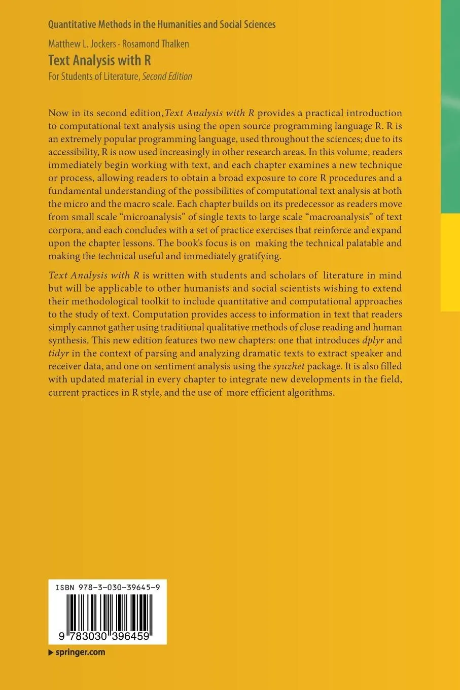 Rückseite: 9783030396459 | Text Analysis with R | For Students of Literature | Thalken (u. a.)