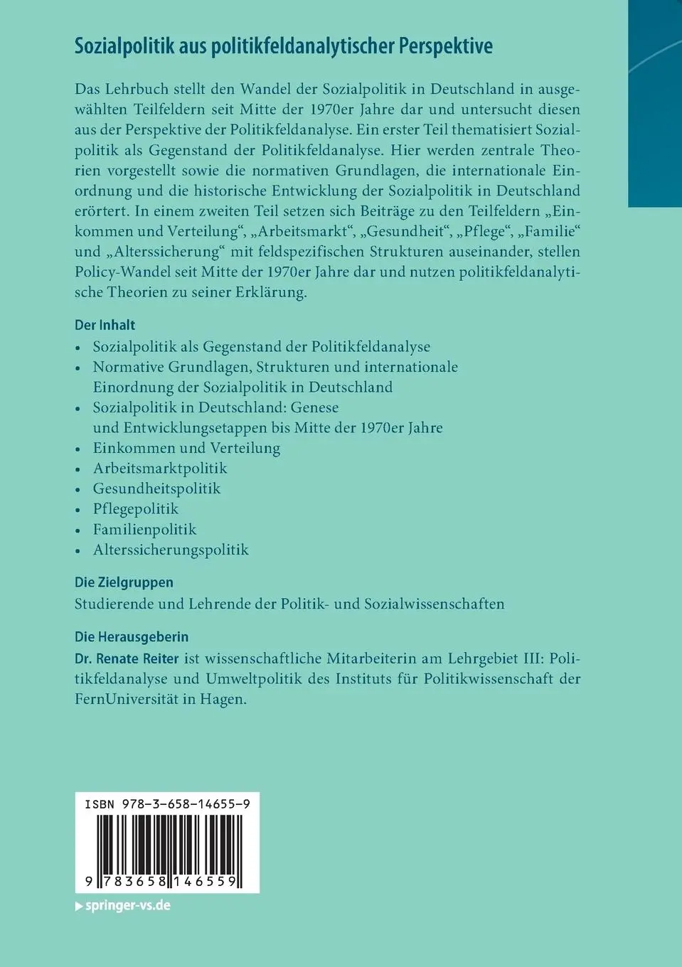 Rückseite: 9783658146559 | Sozialpolitik aus politikfeldanalytischer Perspektive | Renate Reiter