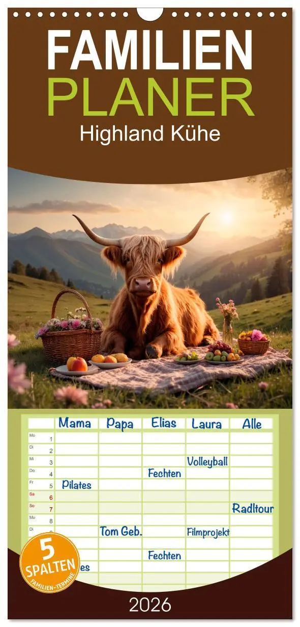 Cover: 9783516496659 | Familienplaner 2026 - Highland Kühe mit 5 Spalten (Wandkalender, 21...