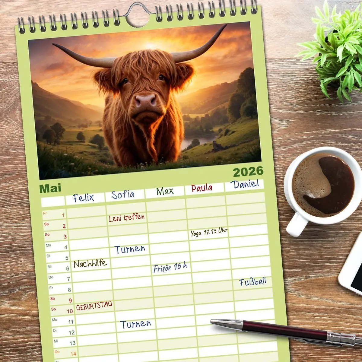 Bild: 9783516496659 | Familienplaner 2026 - Highland Kühe mit 5 Spalten (Wandkalender, 21...