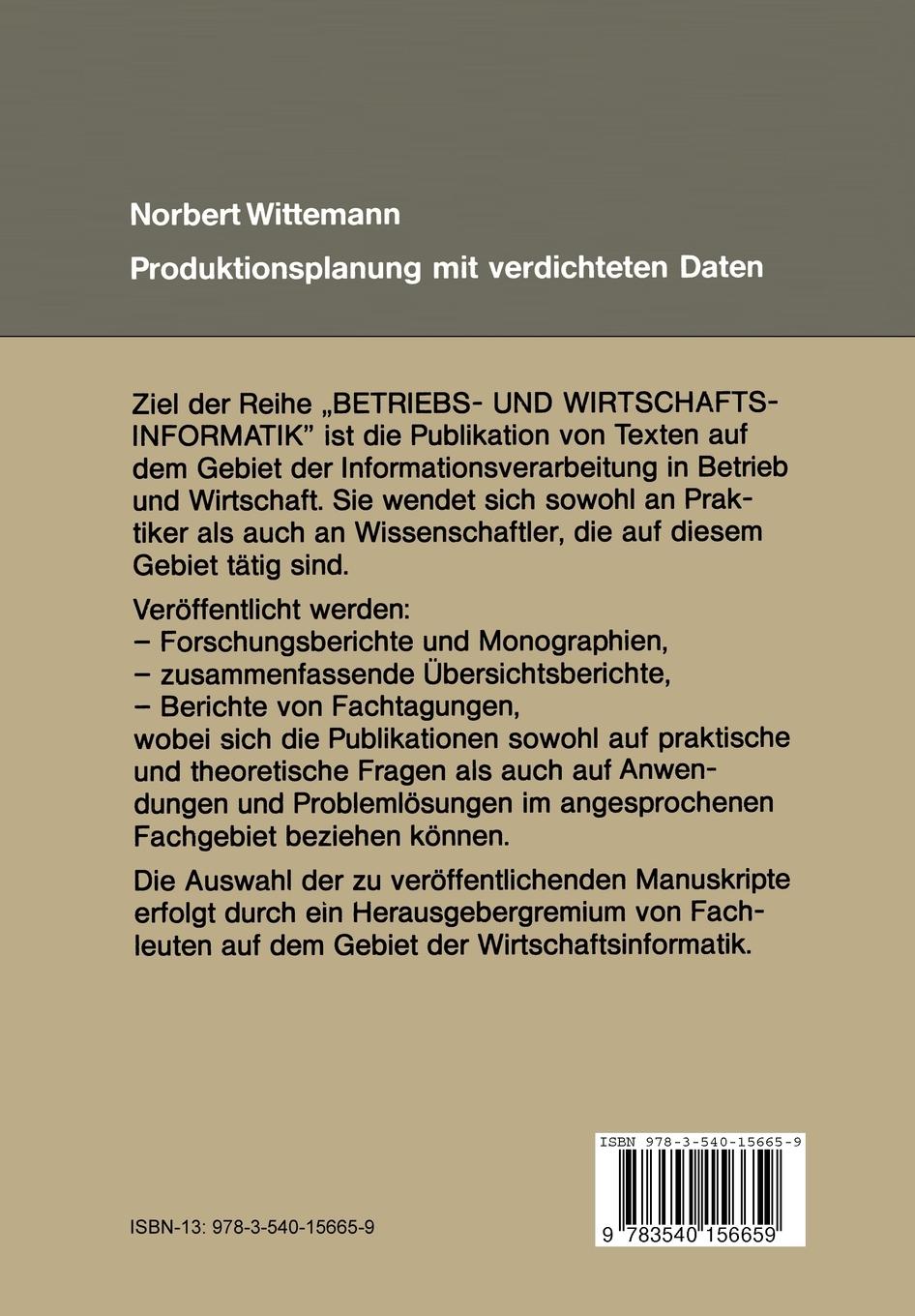 Rückseite: 9783540156659 | Produktionsplanung mit verdichteten Daten | Norbert Wittemann | Buch